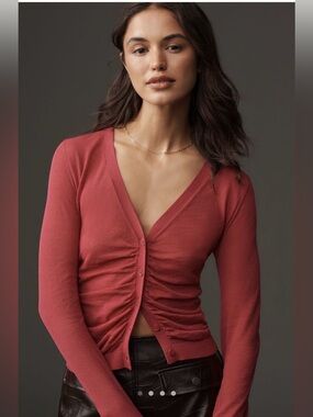 Maeve Ruched V-Neck Crop Cardigan in Pink